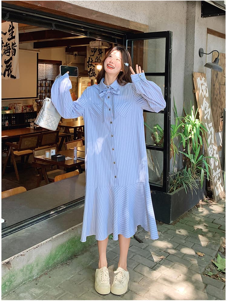 선물 임산부 가을 새로운 프랑스식 스트라이프 품격 인어 꼬리 길다 치마 루즈핏 표지 배 수유 드레스 상세 이미지 1