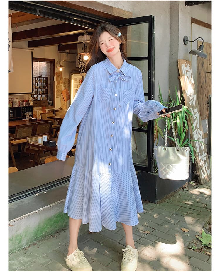 선물 임산부 가을 새로운 프랑스식 스트라이프 품격 인어 꼬리 길다 치마 루즈핏 표지 배 수유 드레스 상세 이미지 6
