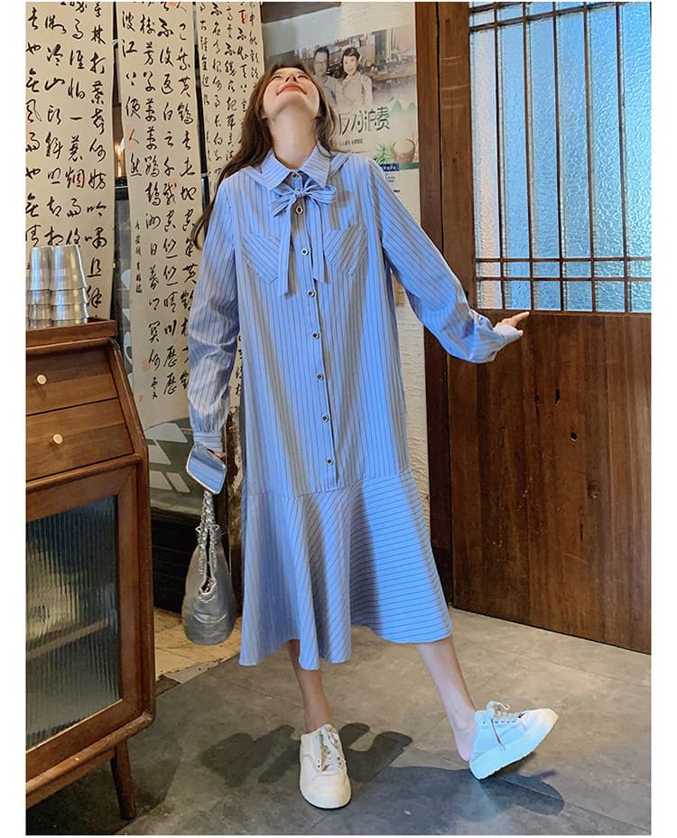선물 임산부 가을 새로운 프랑스식 스트라이프 품격 인어 꼬리 길다 치마 루즈핏 표지 배 수유 드레스 상세 이미지 14