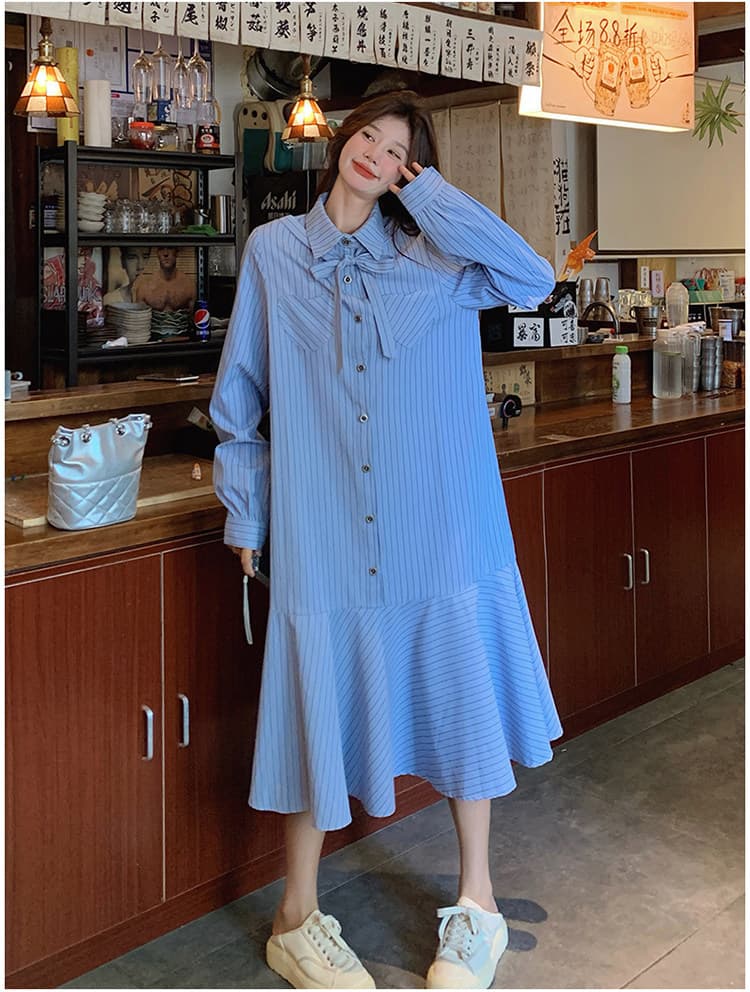 선물 임산부 가을 새로운 프랑스식 스트라이프 품격 인어 꼬리 길다 치마 루즈핏 표지 배 수유 드레스 상세 이미지 17