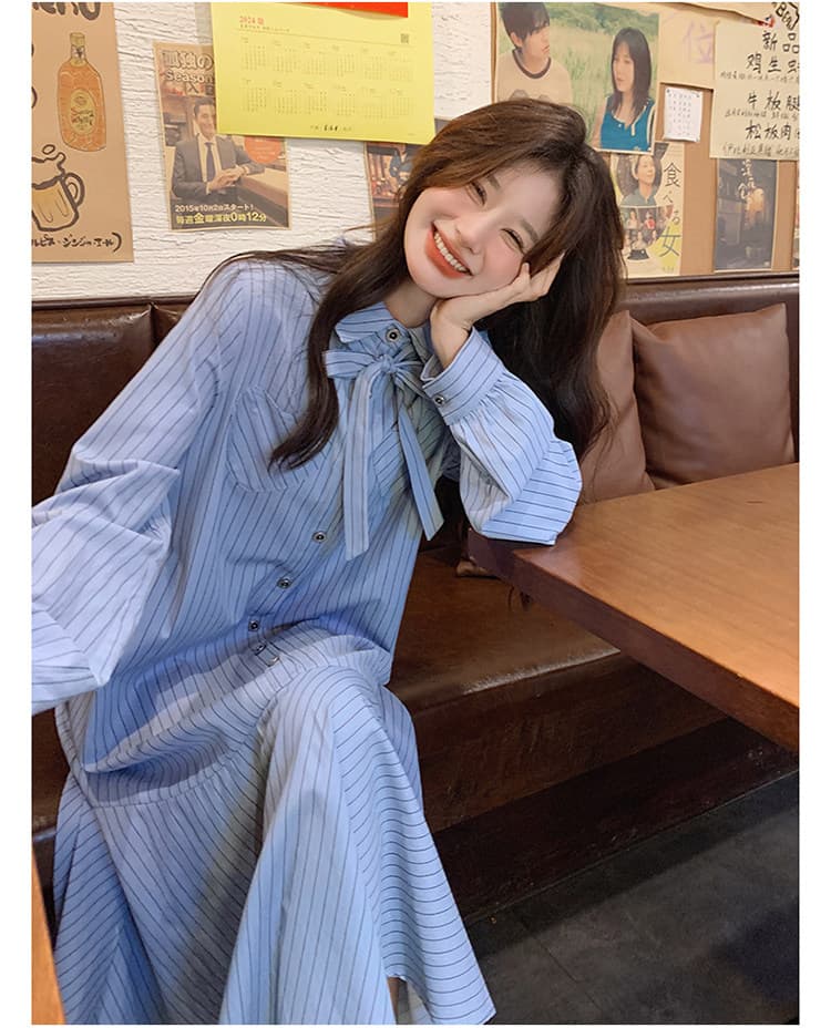 선물 임산부 가을 새로운 프랑스식 스트라이프 품격 인어 꼬리 길다 치마 루즈핏 표지 배 수유 드레스 상세 이미지 19