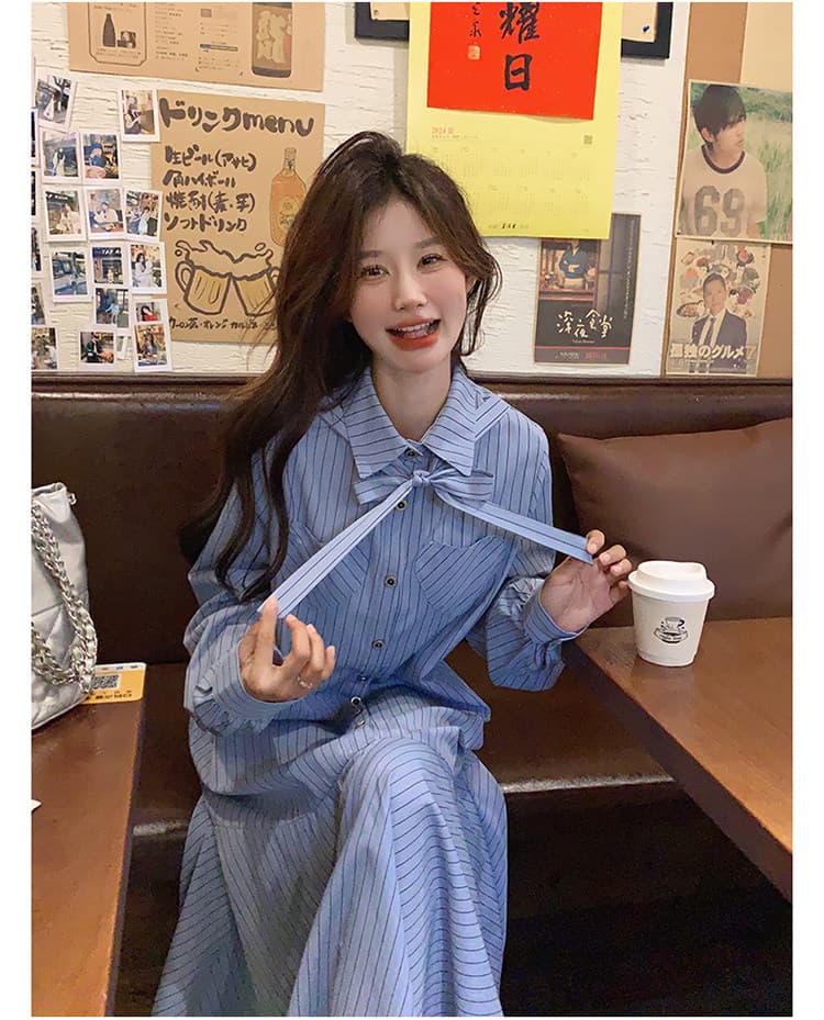 선물 임산부 가을 새로운 프랑스식 스트라이프 품격 인어 꼬리 길다 치마 루즈핏 표지 배 수유 드레스 상세 이미지 20