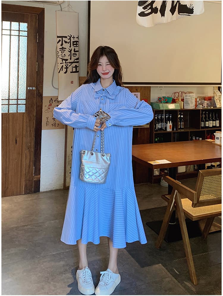 선물 임산부 가을 새로운 프랑스식 스트라이프 품격 인어 꼬리 길다 치마 루즈핏 표지 배 수유 드레스 상세 이미지 22