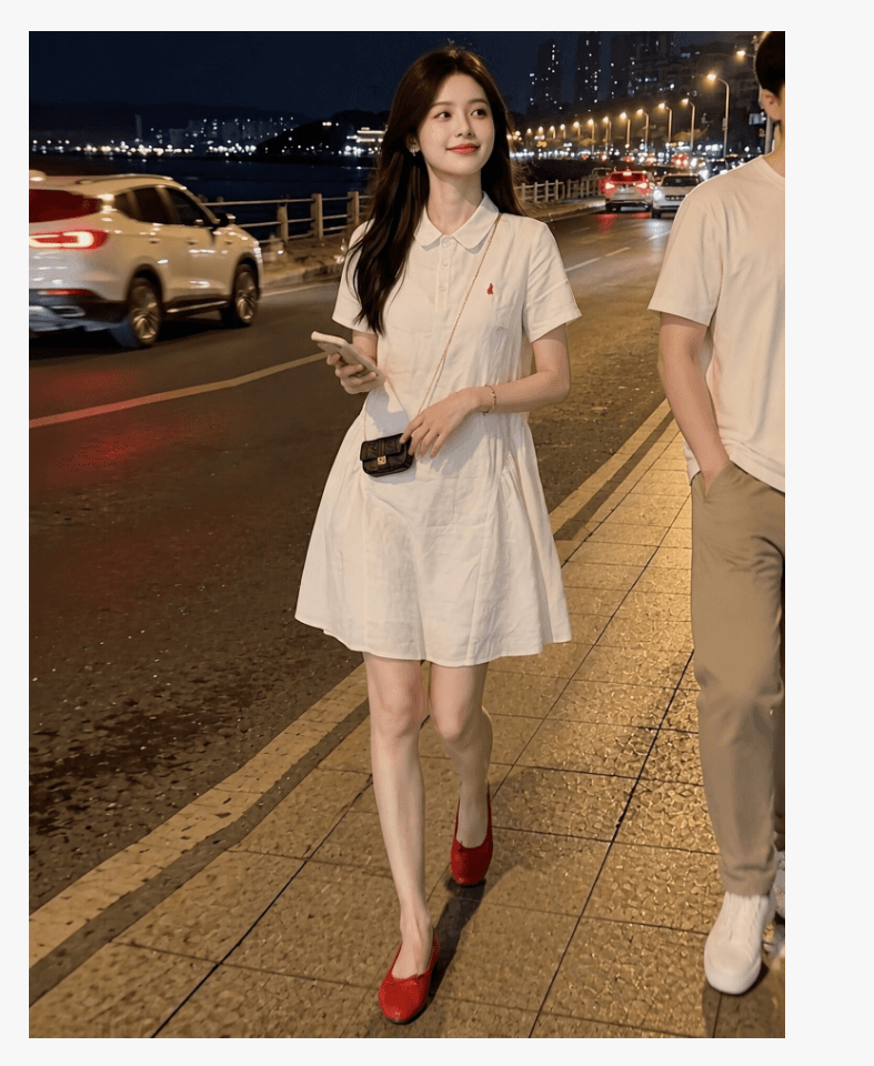 선물 물품 여름 새로운 Chic 미니멀리즘 자수 다용도 드레스 루즈핏 통기성 셔츠 POLO 칼라 임산부 치마 상세 이미지 5