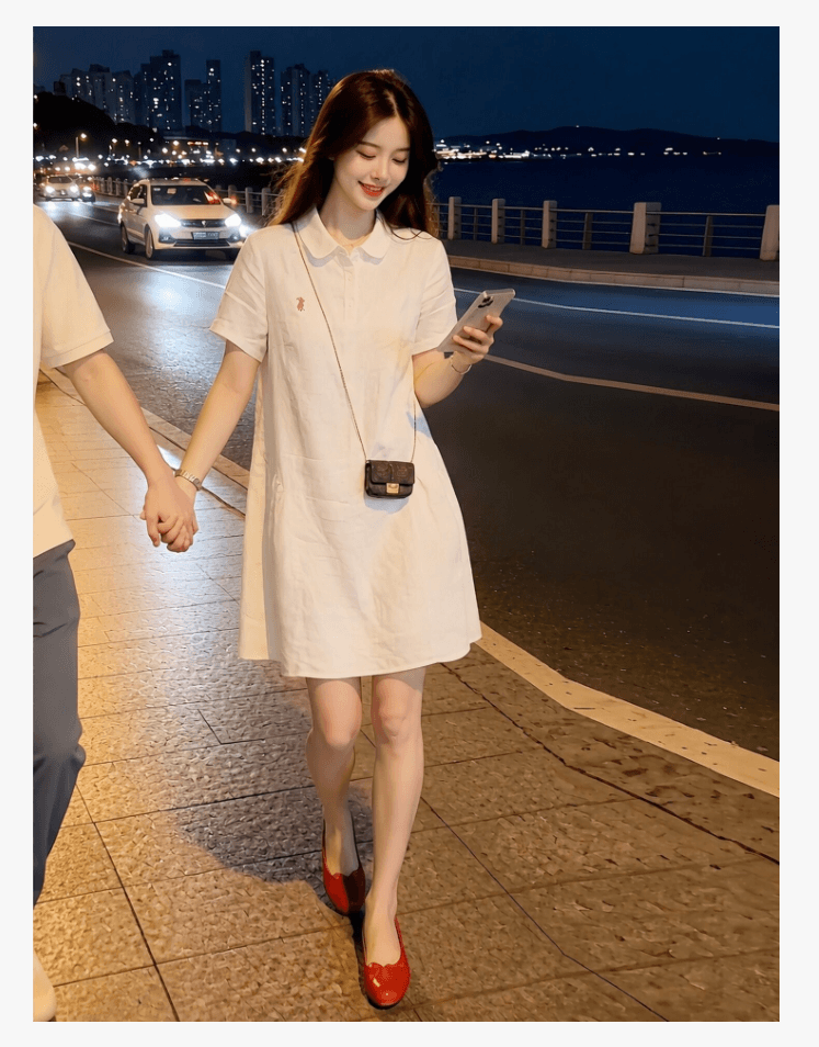 선물 물품 여름 새로운 Chic 미니멀리즘 자수 다용도 드레스 루즈핏 통기성 셔츠 POLO 칼라 임산부 치마 상세 이미지 6