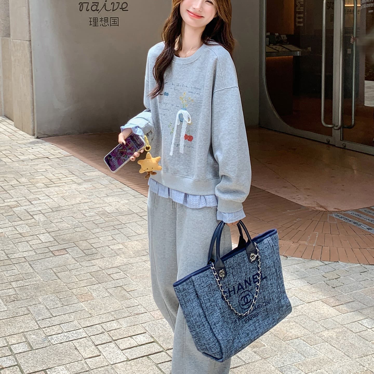 선물 물품 가을 새로운 한 부서 캐주얼 스포츠 슈트 장난기 넘치는 연령 감소 프린트 후드티 와이드 레그 팬츠 임산부 투피스 세트 이미지 5