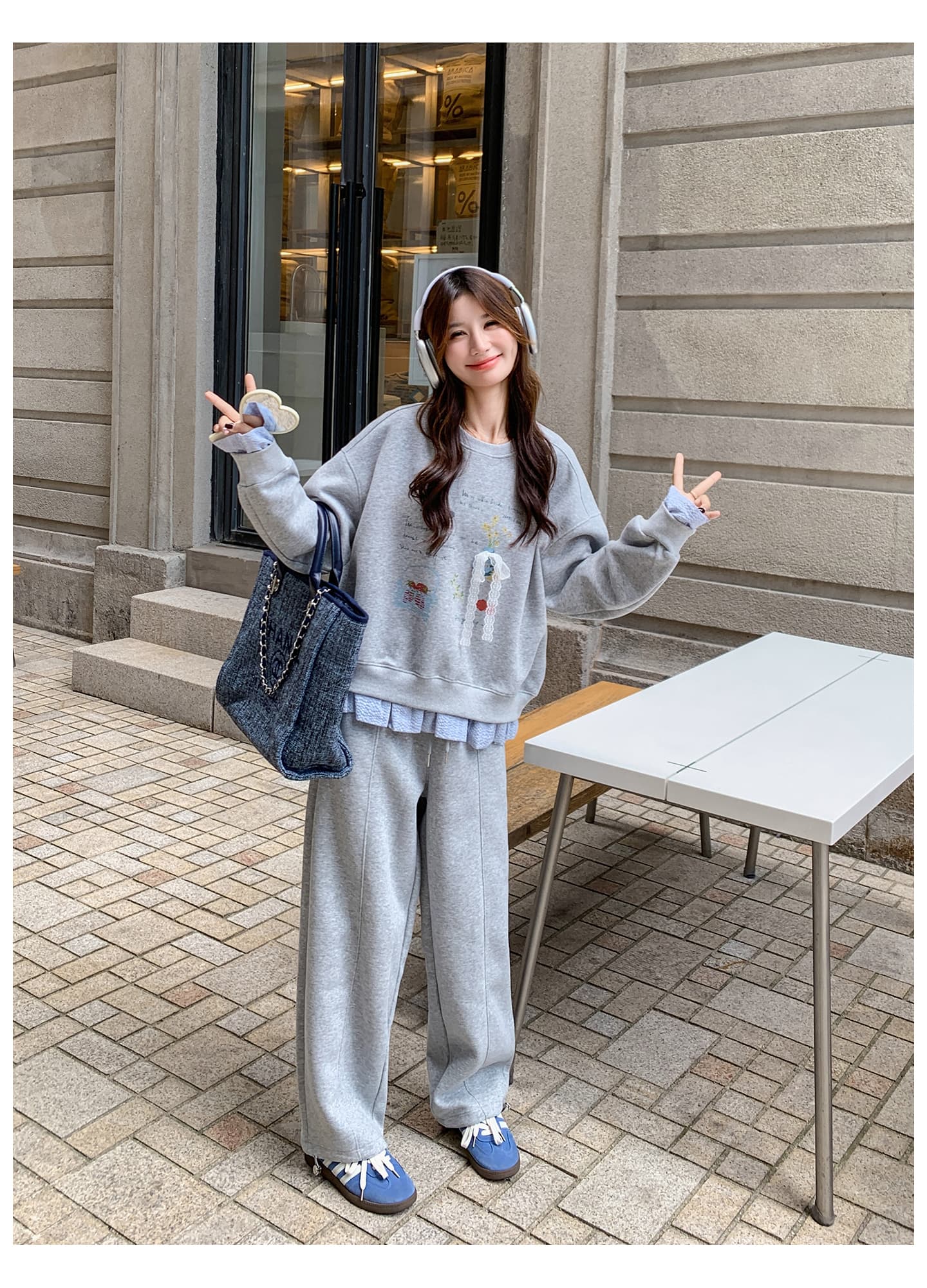 선물 물품 가을 새로운 한 부서 캐주얼 스포츠 슈트 장난기 넘치는 연령 감소 프린트 후드티 와이드 레그 팬츠 임산부 투피스 세트 상세 이미지 7