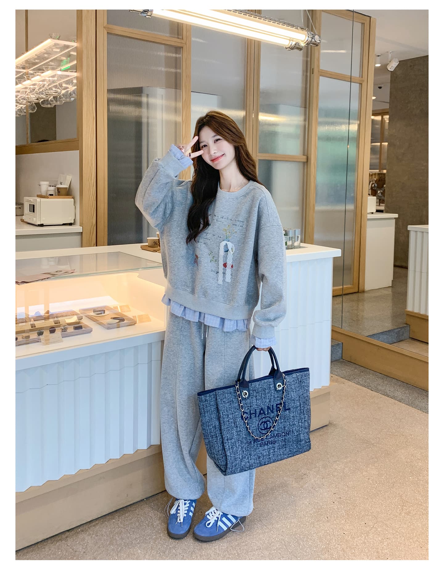 선물 물품 가을 새로운 한 부서 캐주얼 스포츠 슈트 장난기 넘치는 연령 감소 프린트 후드티 와이드 레그 팬츠 임산부 투피스 세트 상세 이미지 14