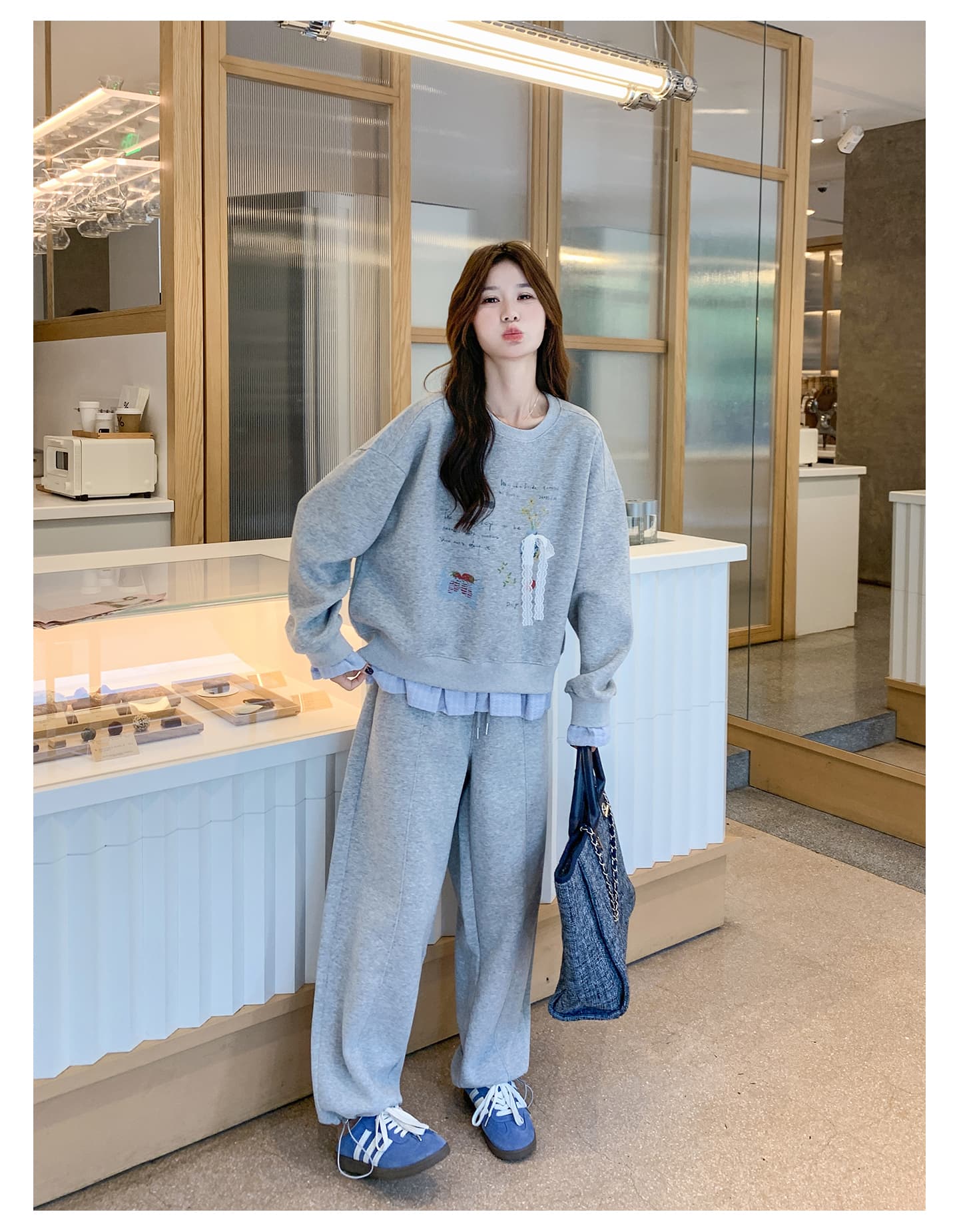 선물 물품 가을 새로운 한 부서 캐주얼 스포츠 슈트 장난기 넘치는 연령 감소 프린트 후드티 와이드 레그 팬츠 임산부 투피스 세트 상세 이미지 15