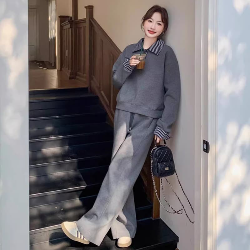선물 물품 가을 새로운 회색 운동 캐주얼 스트라이프 패치워크 후드티 세트 디자인 센스 와이드 레그 팬츠 임산부 투피스 세트 이미지 2