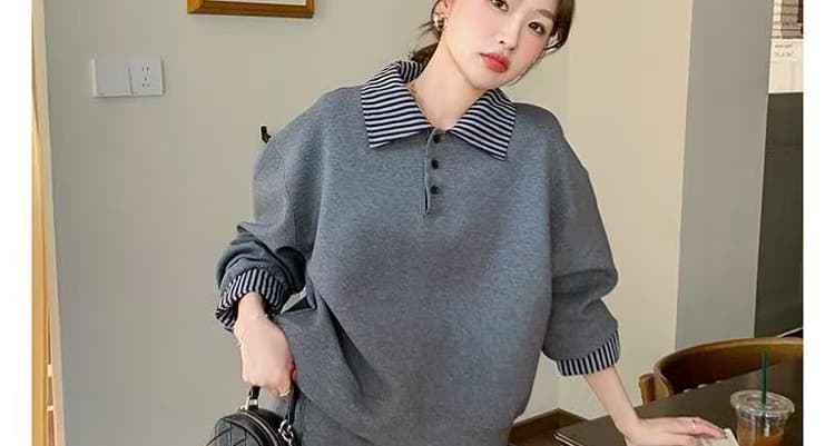 선물 물품 가을 새로운 회색 운동 캐주얼 스트라이프 패치워크 후드티 세트 디자인 센스 와이드 레그 팬츠 임산부 투피스 세트 상세 이미지 20