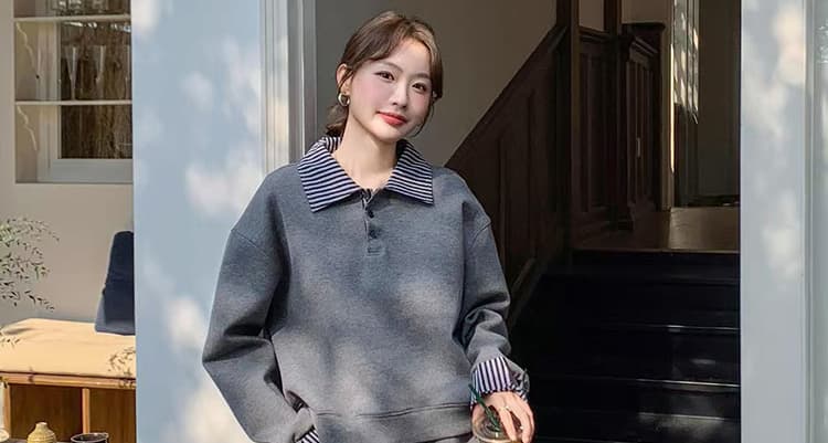 선물 물품 가을 새로운 회색 운동 캐주얼 스트라이프 패치워크 후드티 세트 디자인 센스 와이드 레그 팬츠 임산부 투피스 세트 상세 이미지 22