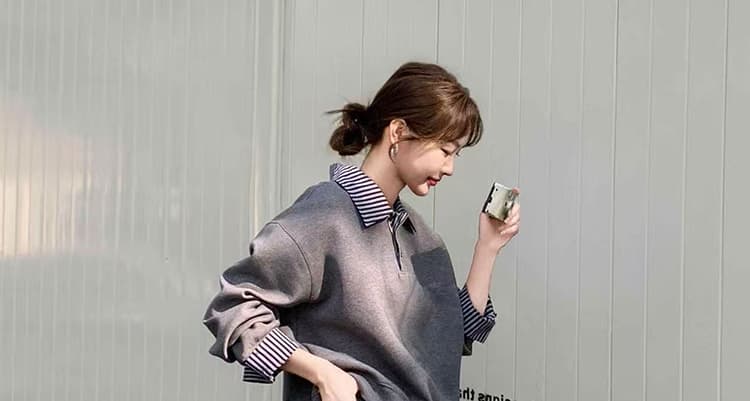 선물 물품 가을 새로운 회색 운동 캐주얼 스트라이프 패치워크 후드티 세트 디자인 센스 와이드 레그 팬츠 임산부 투피스 세트 상세 이미지 27
