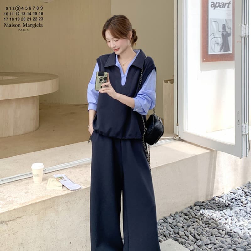 선물 물품 가을 페이크 레이어드 패치워크 후드티 와이드 레그 팬츠 세트 느슨함 센스 폭발 고급 센스 임산부 투피스 세트 이미지 5