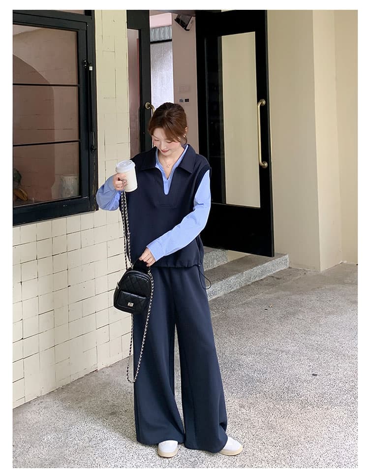 선물 물품 가을 페이크 레이어드 패치워크 후드티 와이드 레그 팬츠 세트 느슨함 센스 폭발 고급 센스 임산부 투피스 세트 상세 이미지 5