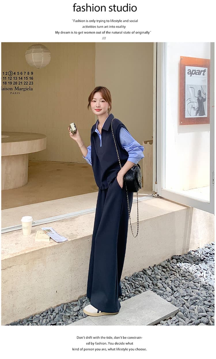 선물 물품 가을 페이크 레이어드 패치워크 후드티 와이드 레그 팬츠 세트 느슨함 센스 폭발 고급 센스 임산부 투피스 세트 상세 이미지 12