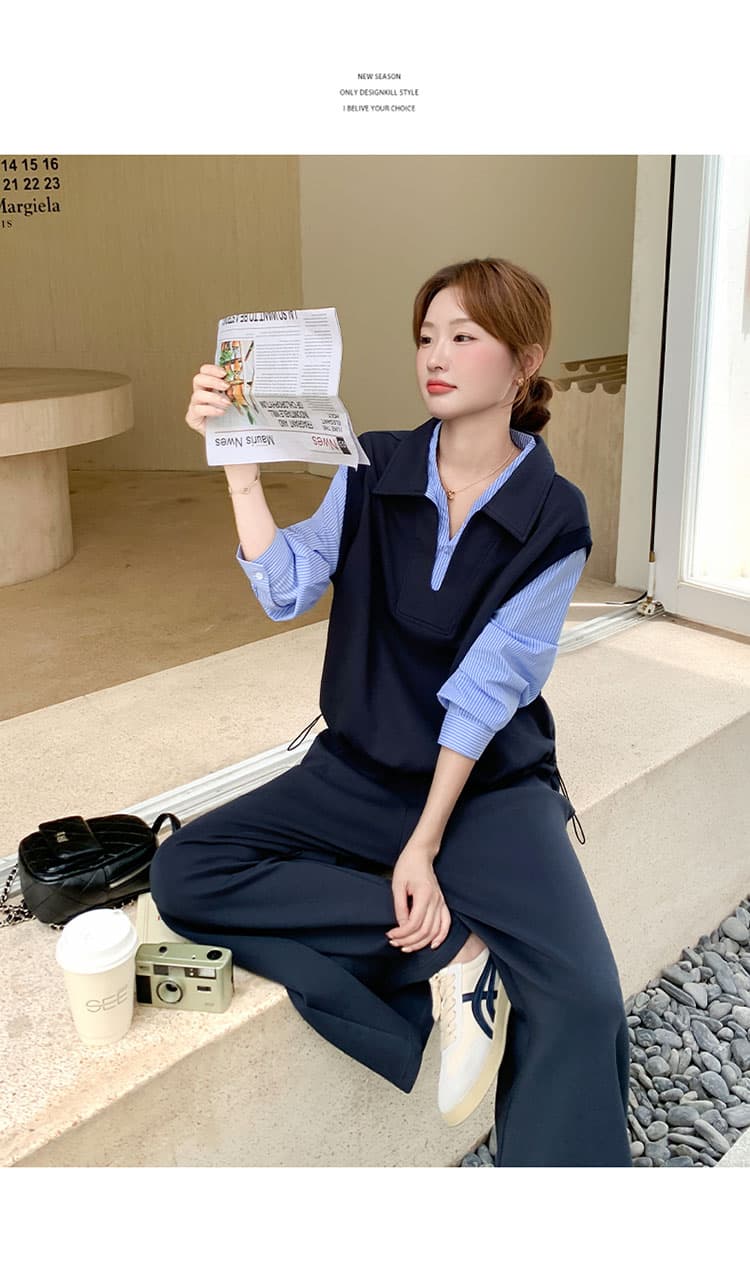 선물 물품 가을 페이크 레이어드 패치워크 후드티 와이드 레그 팬츠 세트 느슨함 센스 폭발 고급 센스 임산부 투피스 세트 상세 이미지 15