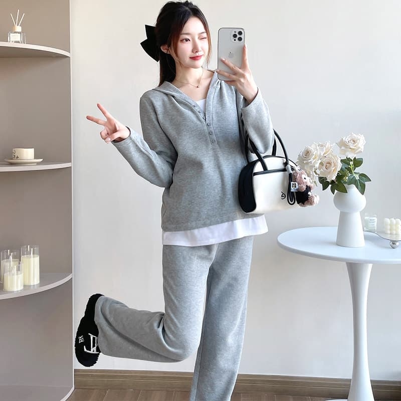 선물 물품 가을 새로운 페이크 레이어드 캐주얼 세트 배색 패치워크 맨위 스트레이트 복부 지지 바지 임산부 투피스 세트 이미지 2