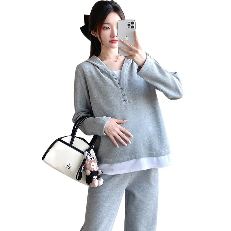 선물 물품 가을 새로운 페이크 레이어드 캐주얼 세트 배색 패치워크 맨위 스트레이트 복부 지지 바지 임산부 투피스 세트 이미지 5