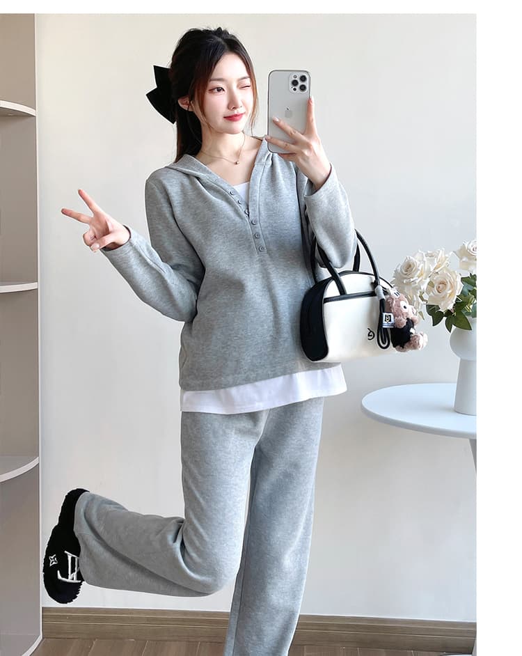 선물 물품 가을 새로운 페이크 레이어드 캐주얼 세트 배색 패치워크 맨위 스트레이트 복부 지지 바지 임산부 투피스 세트 상세 이미지 9