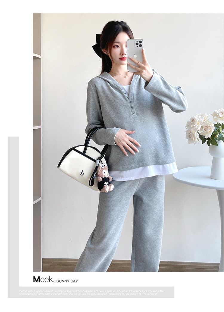 선물 물품 가을 새로운 페이크 레이어드 캐주얼 세트 배색 패치워크 맨위 스트레이트 복부 지지 바지 임산부 투피스 세트 상세 이미지 12