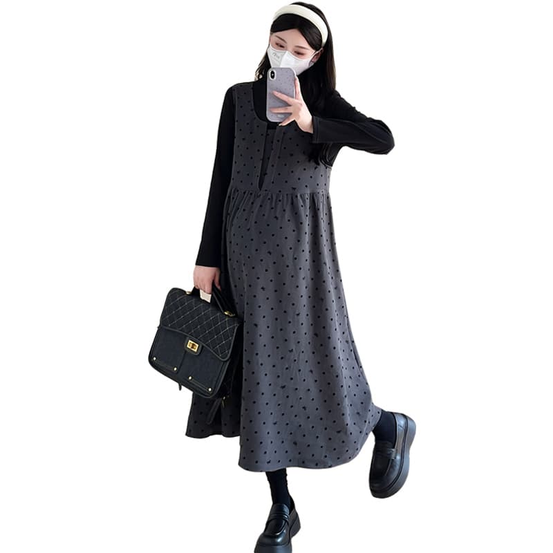 선물 물품 실사 출산 착용 가을 겨울 신제품 도트 무늬 나비 매듭 드레스 10 만나는 맨위 임산부 투피스 세트 이미지 5