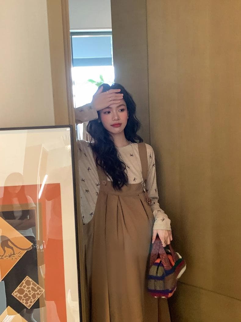 선물 물품 새로운 인터넷 유명인 달콤함 연령 감소 품격 슬림해 보이는 나비 매듭 맨위 조끼 스커트 임산부 투피스 세트 상세 이미지 5