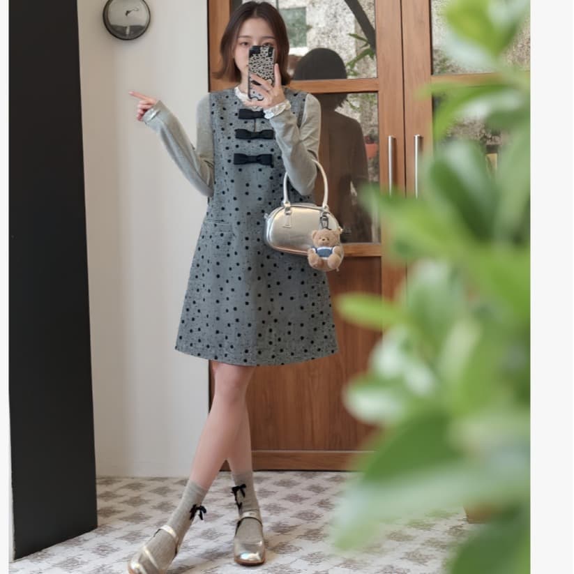 선물 물품 새로운 한 부서 작은 샤넬 스타일 품격 패션 나비 매듭 연령 감소 조끼 스커트 기본 셔츠 임산부 투피스 슈트 이미지 2