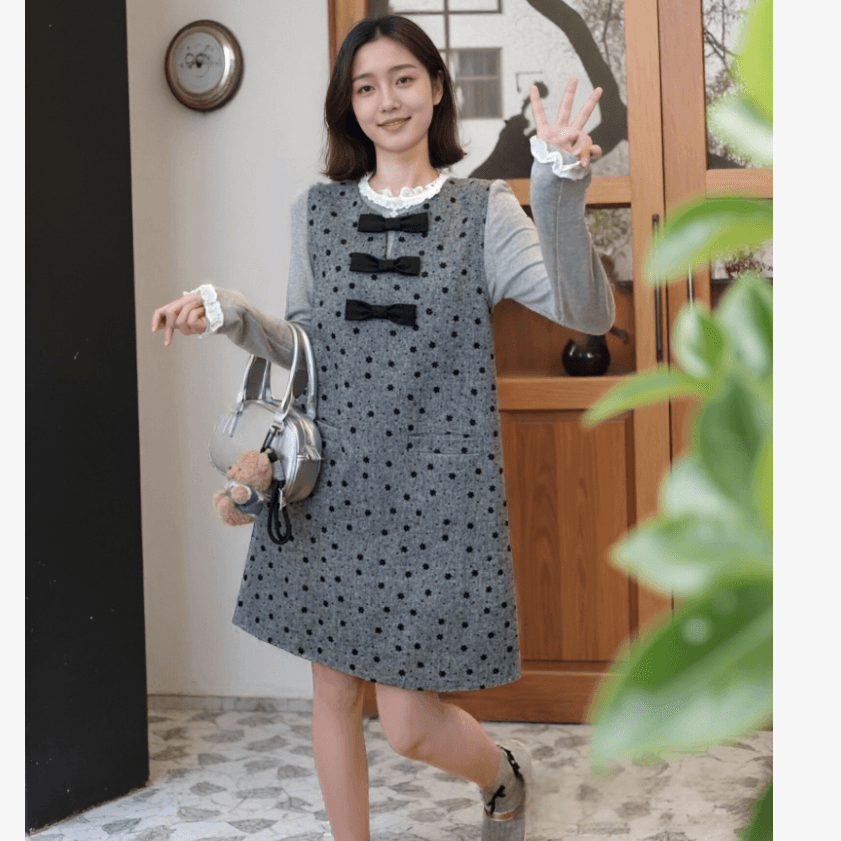 선물 물품 새로운 한 부서 작은 샤넬 스타일 품격 패션 나비 매듭 연령 감소 조끼 스커트 기본 셔츠 임산부 투피스 슈트 이미지 5