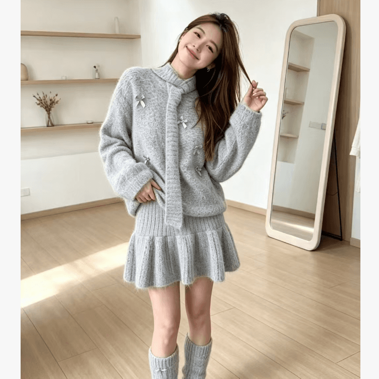 선물 한 부서 가을 겨울 착용 가져 가라. 스웨터 세트 새로운 나비 매듭 니트 미니 스커트 보내기 스카프 양말 임산부 사피스 세트 이미지 3