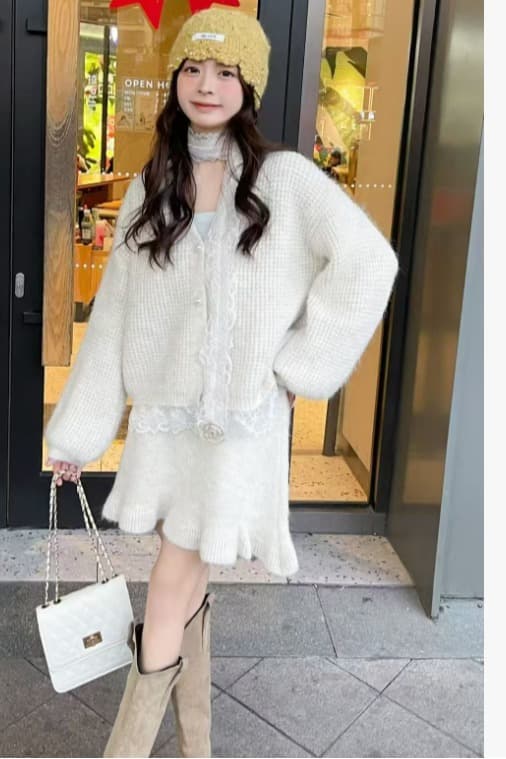 선물 한 부서 가을 겨울 착용 가져 가라. 스웨터 세트 새로운 레이스 싸움 연결 니트 미니 스커트 보내기 스카프 임산부 3종 세트 이미지 6