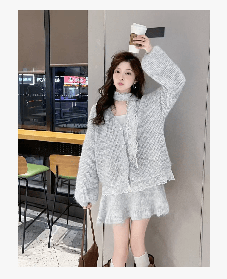 선물 한 부서 가을 겨울 착용 가져 가라. 스웨터 세트 새로운 레이스 싸움 연결 니트 미니 스커트 보내기 스카프 임산부 3종 세트 상세 이미지 7