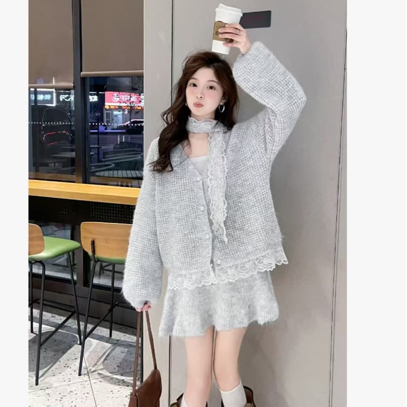 선물 한 부서 가을 겨울 착용 가져 가라. 스웨터 세트 새로운 레이스 싸움 연결 니트 미니 스커트 보내기 스카프 임산부 3종 세트 이미지 5