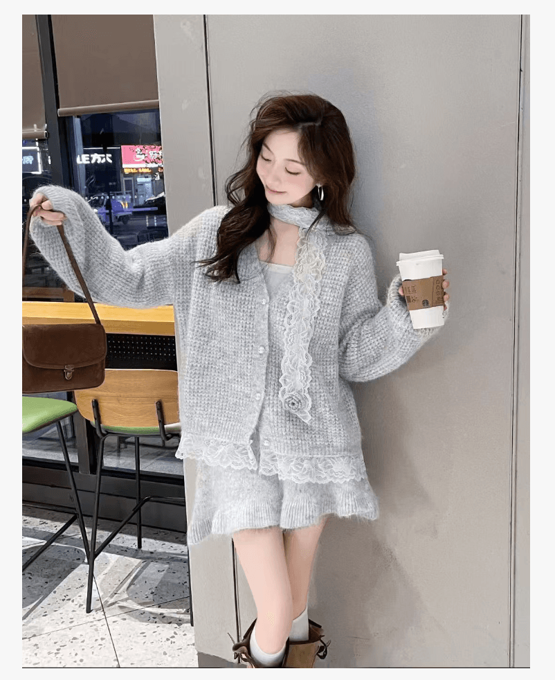 선물 한 부서 가을 겨울 착용 가져 가라. 스웨터 세트 새로운 레이스 싸움 연결 니트 미니 스커트 보내기 스카프 임산부 3종 세트 상세 이미지 4