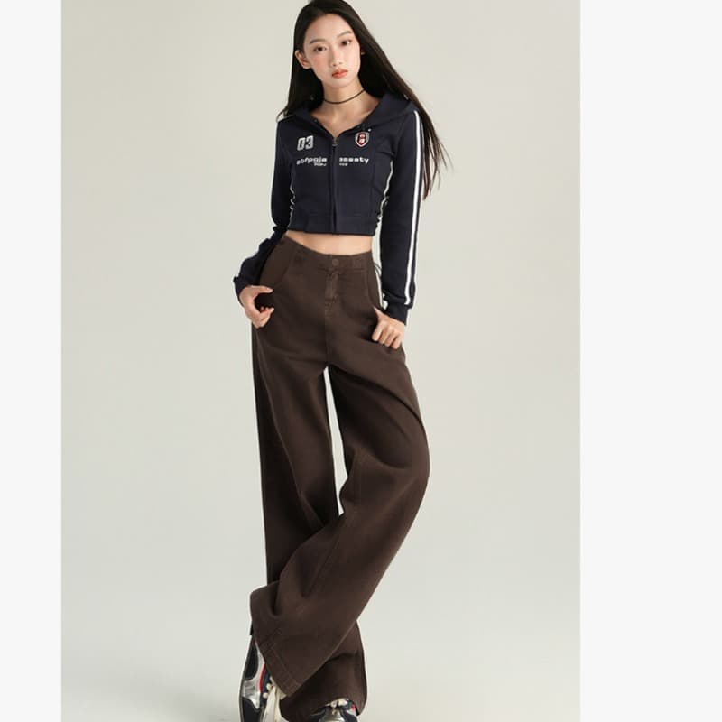 선물 물품 임산부 바지 가을과 겨울 새로운 커피 색상 스트레이트 청바지 아니요 르 배 캐주얼 와이드 레그 팬츠 이미지 4
