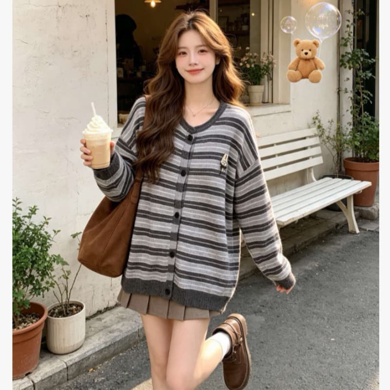 선물 가을 겨울철 새로운 레트로 스트라이프 배색 니트 스웨터 빅 사이즈 두꺼운 다용도 캐주얼 임산부 오픈 가디건 스웨터 이미지 5