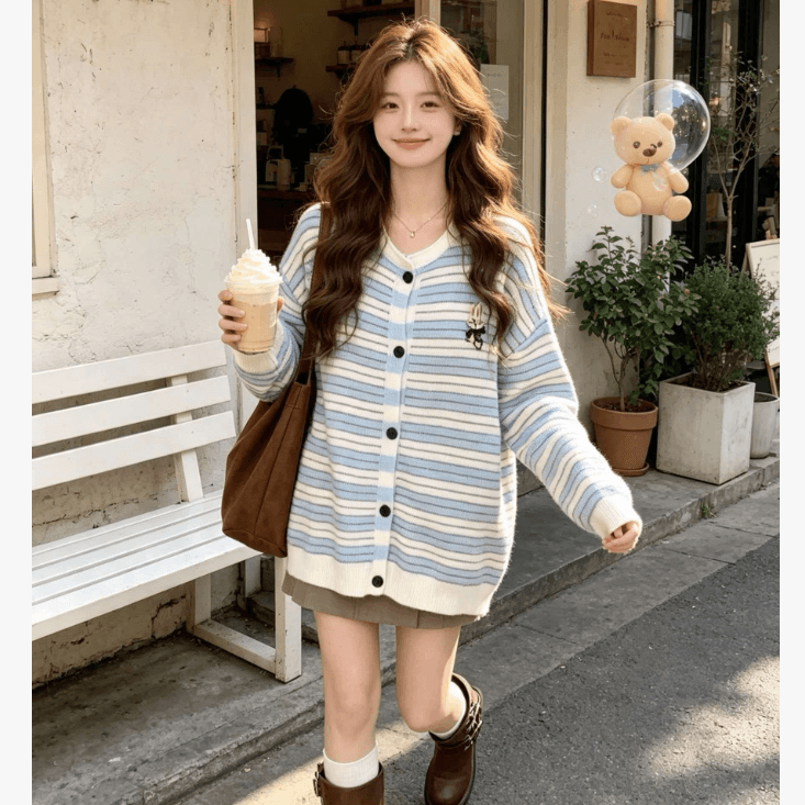 선물 가을 겨울철 새로운 레트로 스트라이프 배색 니트 스웨터 빅 사이즈 두꺼운 다용도 캐주얼 임산부 오픈 가디건 스웨터 상세 이미지 1