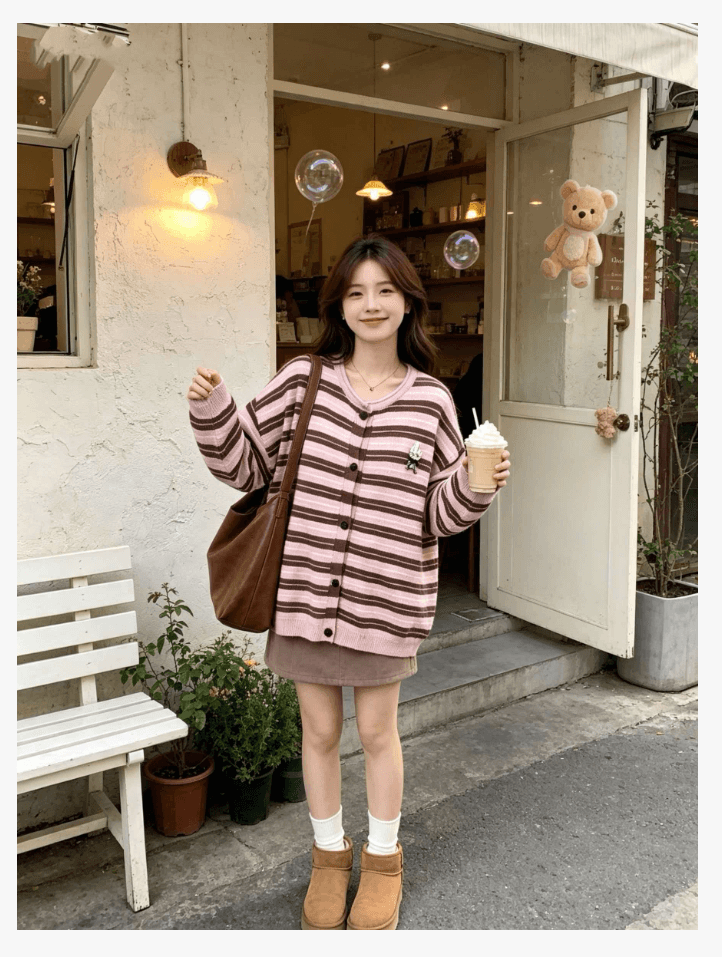 선물 가을 겨울철 새로운 레트로 스트라이프 배색 니트 스웨터 빅 사이즈 두꺼운 다용도 캐주얼 임산부 오픈 가디건 스웨터 상세 이미지 4