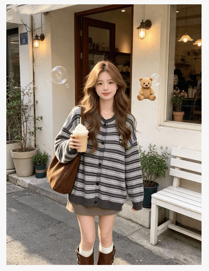 선물 가을 겨울철 새로운 레트로 스트라이프 배색 니트 스웨터 빅 사이즈 두꺼운 다용도 캐주얼 임산부 오픈 가디건 스웨터 상세 이미지 6