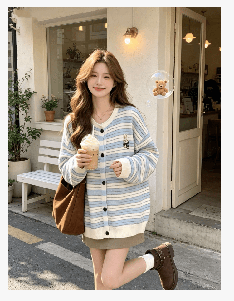 선물 가을 겨울철 새로운 레트로 스트라이프 배색 니트 스웨터 빅 사이즈 두꺼운 다용도 캐주얼 임산부 오픈 가디건 스웨터 상세 이미지 8