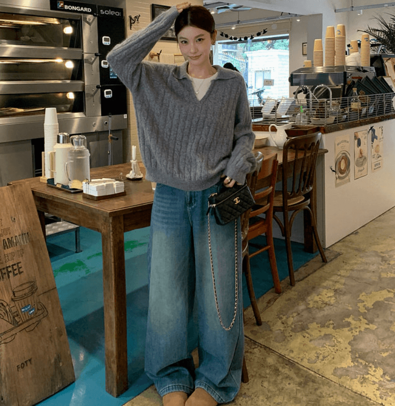 선물 물품 가을 겨울 레트로 페이크 레이어드 폴로 칼라 꽈배기 루즈핏 느긋한 니트 임산부 스웨터 이미지 3