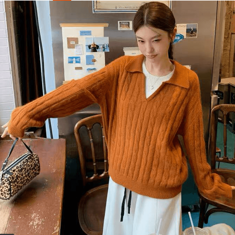 선물 물품 가을 겨울 레트로 페이크 레이어드 폴로 칼라 꽈배기 루즈핏 느긋한 니트 임산부 스웨터 이미지 2