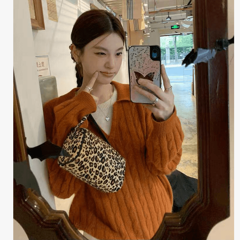 선물 물품 가을 겨울 레트로 페이크 레이어드 폴로 칼라 꽈배기 루즈핏 느긋한 니트 임산부 스웨터 이미지 4