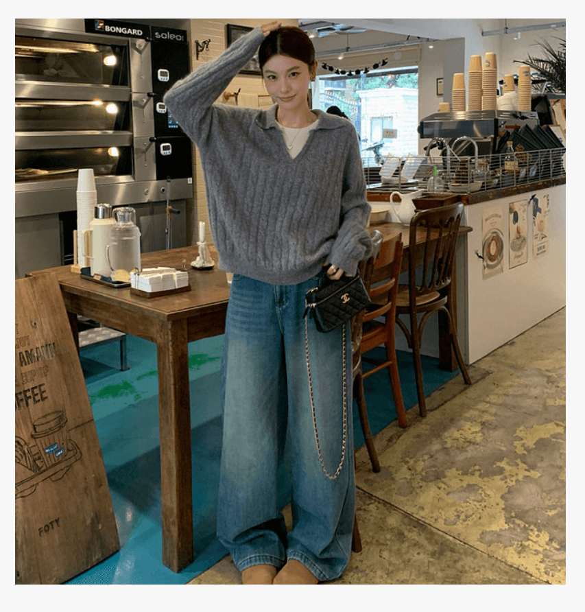 선물 물품 가을 겨울 레트로 페이크 레이어드 폴로 칼라 꽈배기 루즈핏 느긋한 니트 임산부 스웨터 상세 이미지 4