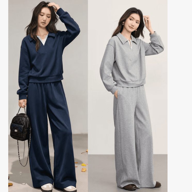 새로운 가을 페이크 레이어드 패치워크 후드티 와이드 레그 팬츠 세트 느슨함 센스 폭발 고급 센스 임산부 투피스 세트 이미지 3
