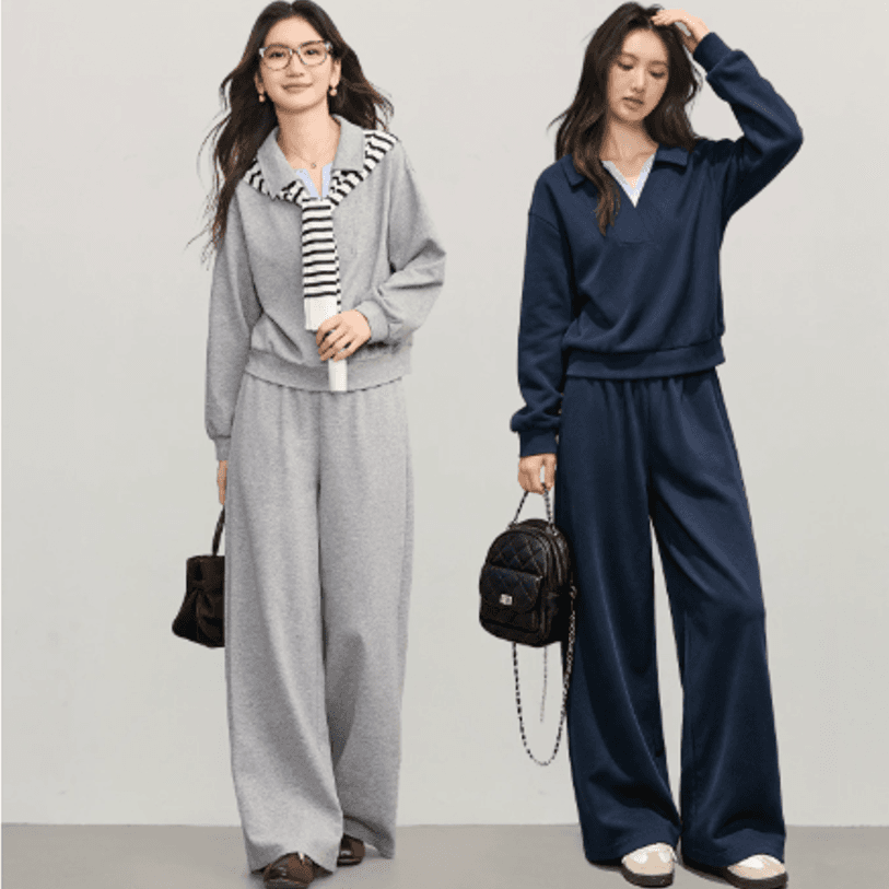 새로운 가을 페이크 레이어드 패치워크 후드티 와이드 레그 팬츠 세트 느슨함 센스 폭발 고급 센스 임산부 투피스 세트