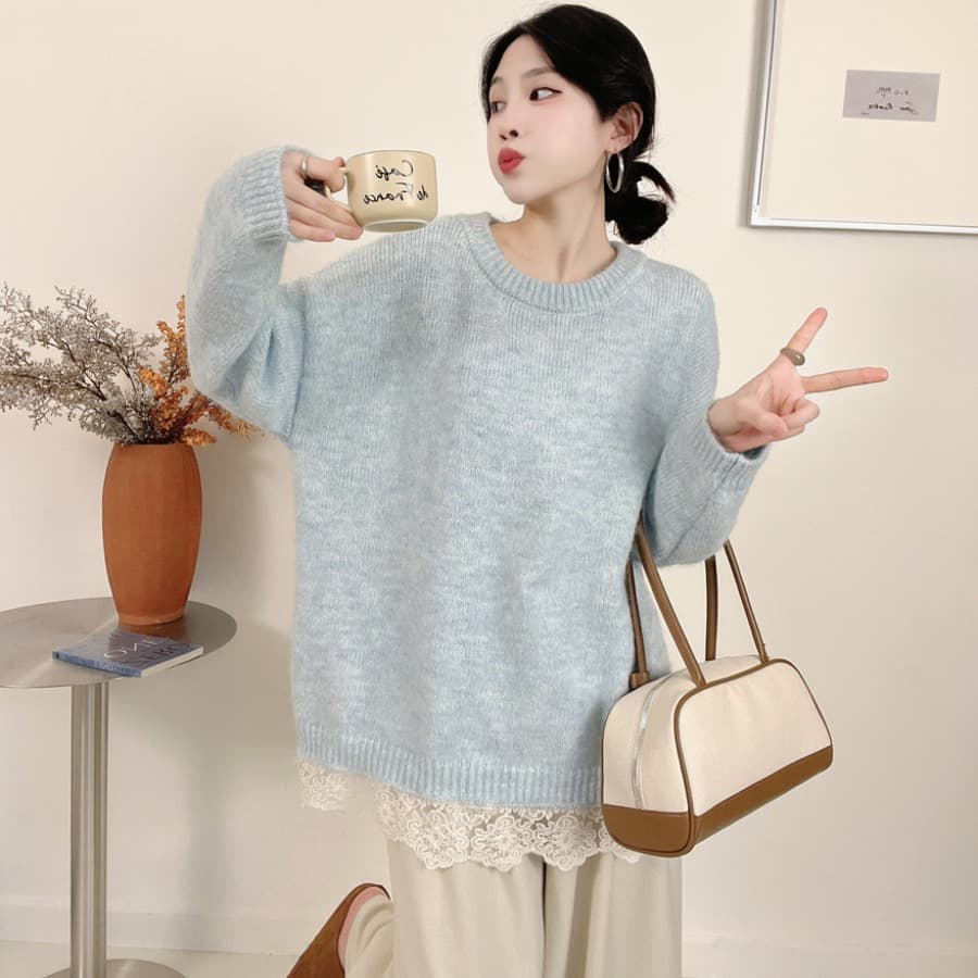 선물 물품 출산 착용 달콤함 레이스 싸움 연결 부드러운 느긋한 바람 스웨터 가을 겨울철 품격 디자인 센스 니트 맨위 이미지 3