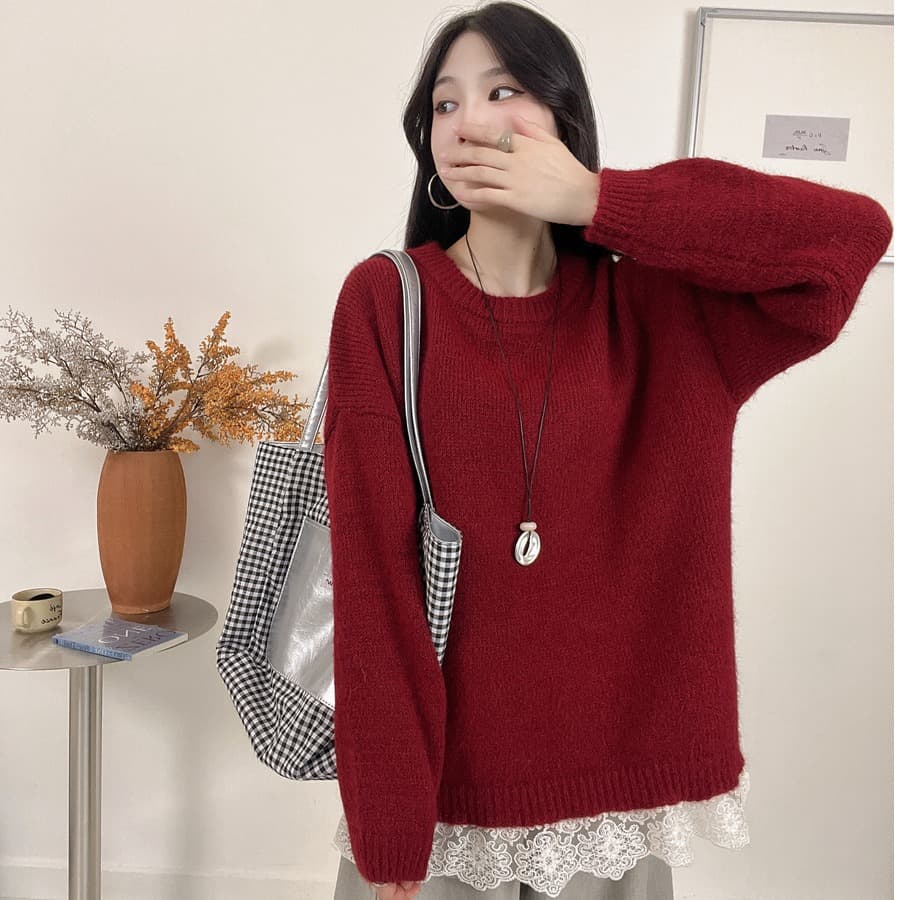 선물 물품 출산 착용 달콤함 레이스 싸움 연결 부드러운 느긋한 바람 스웨터 가을 겨울철 품격 디자인 센스 니트 맨위 이미지 4