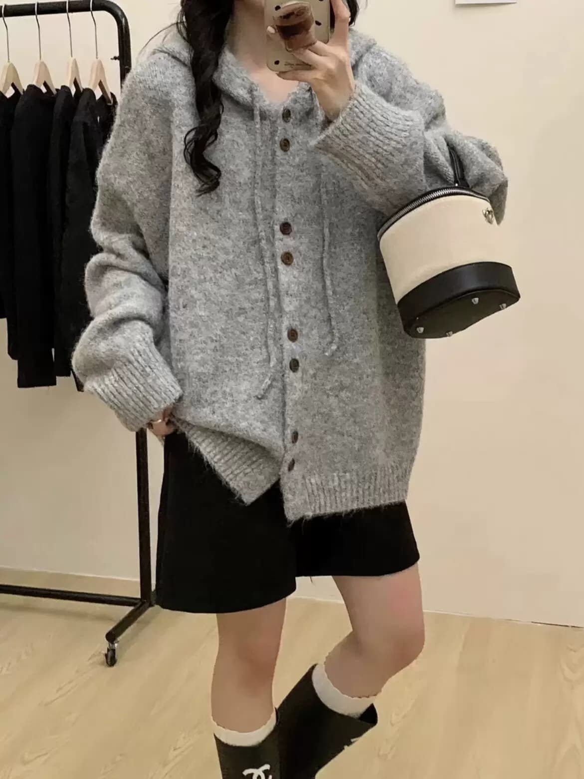 선물 물품 루즈핏 느긋한 바람 단색 후드 스웨터 코트 가을 겨울 새로운 인터넷 유명인 다용도 임산부 니트 오픈 가디건 상세 이미지 4