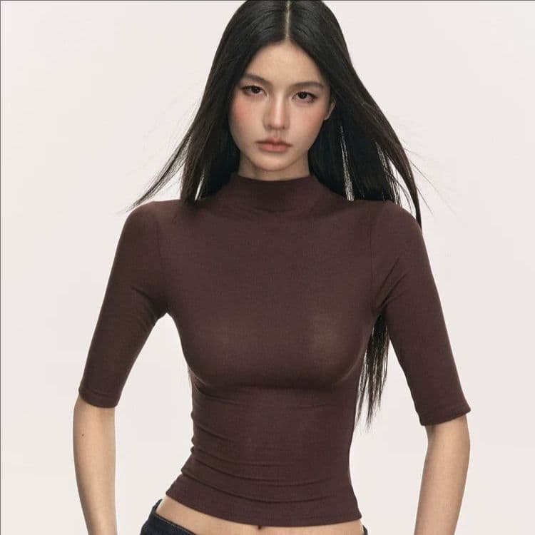 5 점 소매 티셔츠 여성 여름 7 점 반소매 디자인 센스 작은 대중 라운드 넥 몸매 가꾸기 긍정적 인 어깨 티셔츠 여성 이미지 2